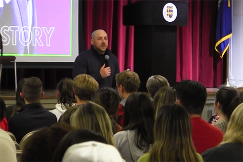 Guest Kevin Hines speaks to students about mental health
