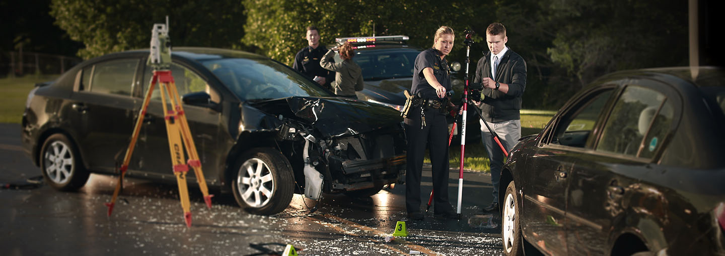 Car crash crime scene investigation.