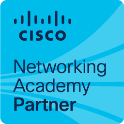 Blue square with text, Cisco Networking Academy Partner.